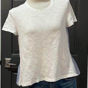 Mixed Media White Slub Knit Tee w/ Striped Poplin Peplum Back